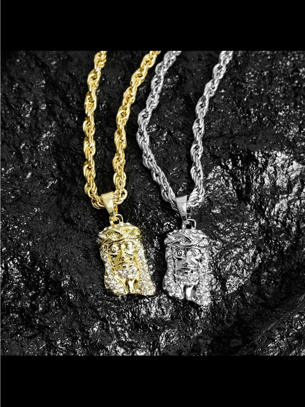 Gold and Silver Jesus Head Rope Chain Pendant Necklace - Men Accessories